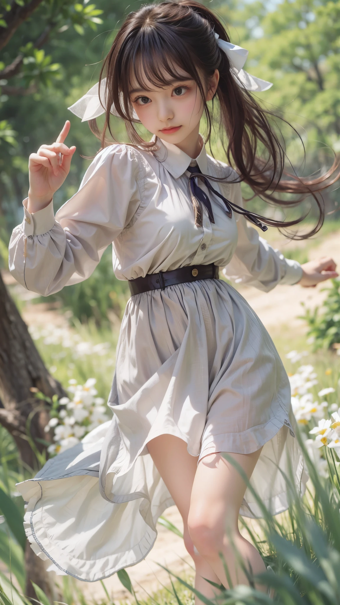 masterpiece , Highest quality , Very detailed , 1 person, ((Contrasting Eyes)) , running , blouse, skirt , bangs , field