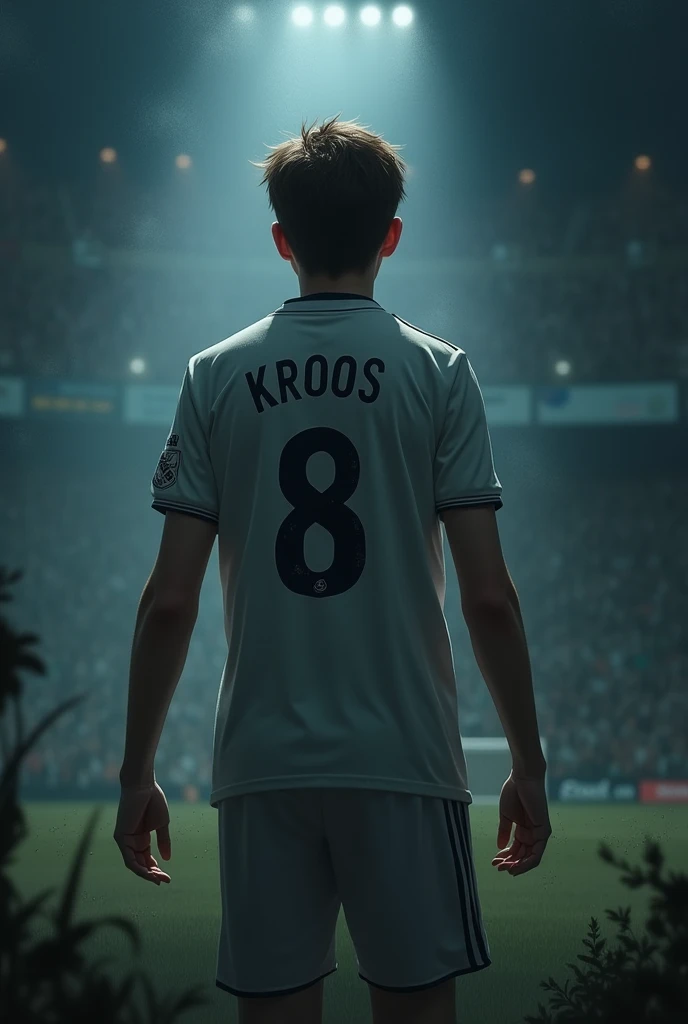 A teenager with his back turned a little dark with short brown hair, with a kroos 8 madrid shirt. desperately searching for another missing player
