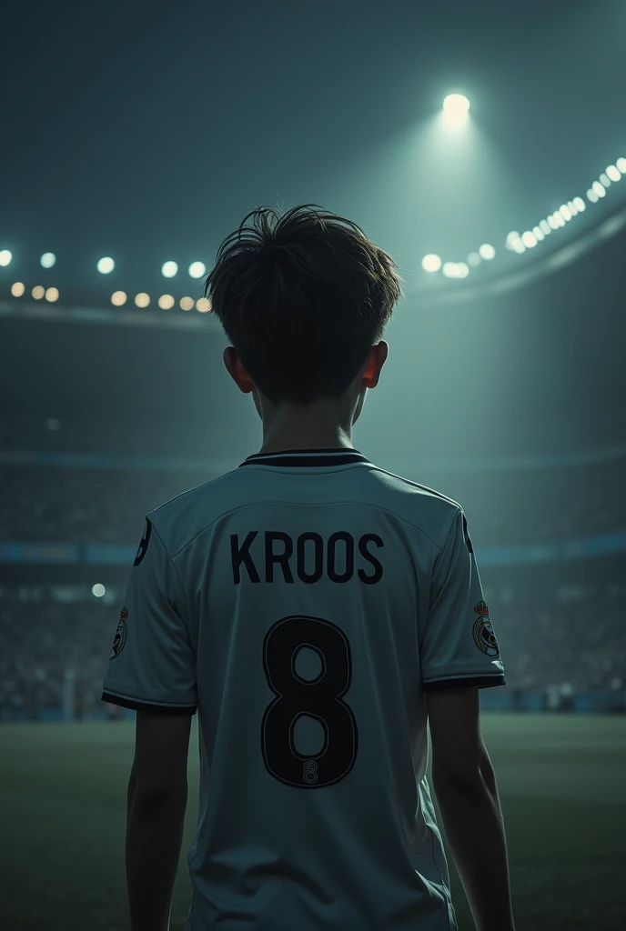 A teenager with his back turned a little dark with short brown hair, with a kroos 8 madrid shirt. desperately searching for another missing player
