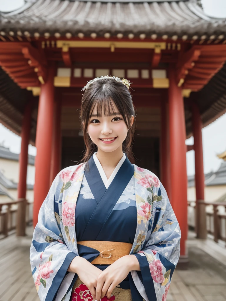  1girl, solo, highres, best_quality, masterpiece, detailed_background, intricate_details, beautiful, nara, yakushi_ji, pagoda, temple, historical, traditional_clothes, kimono, smile, looking_at_viewer, dynamic_pose, natural_pose, candid, happy