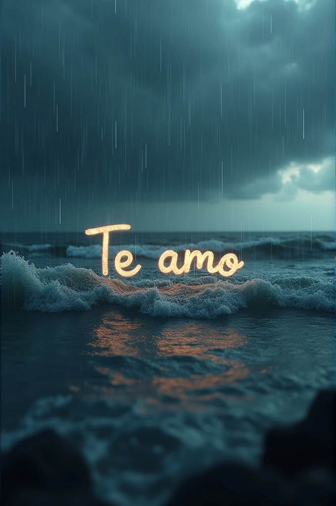 Create an I love you in Spanish in the middle of a rainy ocean