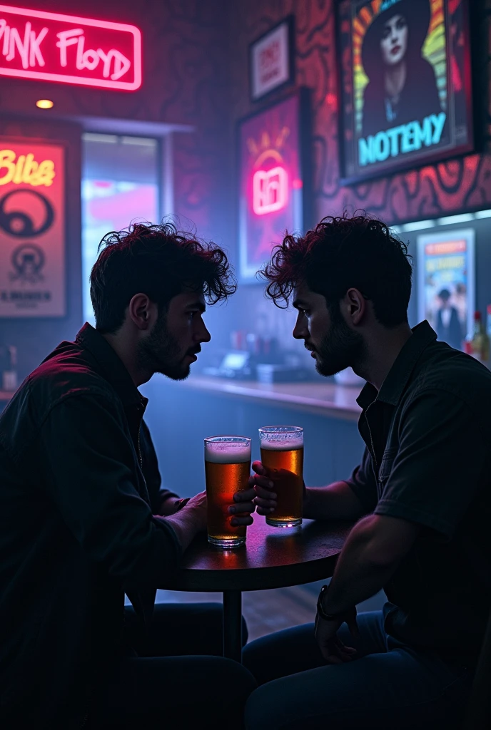 Dark image of 2 male friends drinking beers in a Pink Floyd rock themed bar talking about things they've lost