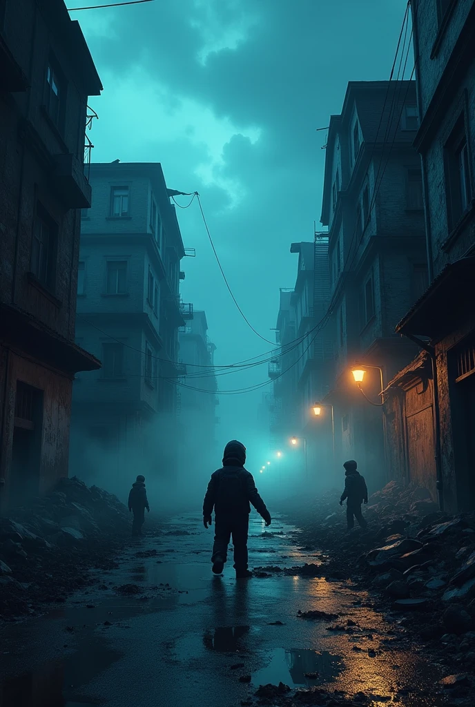 dark sky with dark colors reminiscent of the Roblox gaming platform, iuts night time with a hyper immersive and hyper detailed playing scene where the environment is in a constant state darknes and abandonment. The scene is highly detailed in 8K resolution, with the city's structures and characters rendered with care, embodying an abandon feel reminiscent of a city in ruins, with messy streets full of dirt and dirty dark broken and ruinned buildings where the action of playing unfolds with a dynamic and immersive dark blueish smoke, almost total darkness and a lot of dark and a lot of dark clouds, full of smoke, and people fighting for their lives