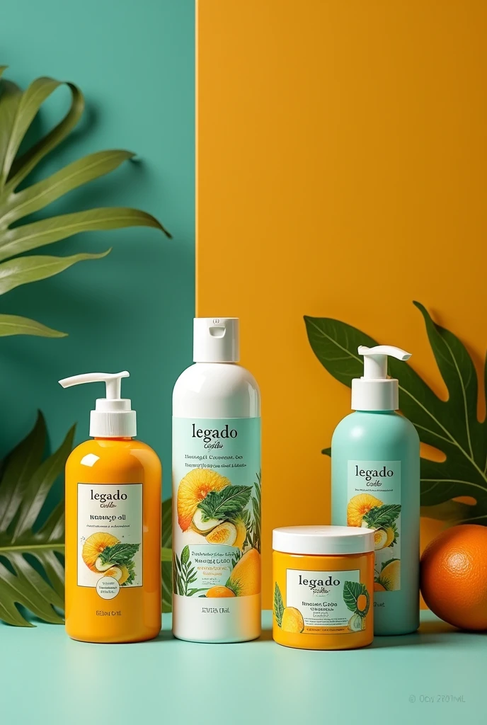 Line of cosmetic products such as shampoo, face mask, Mango oil based hair care gel and conditioner, corozo and sea grape with the product name LEGADO CARIBE. and the theme of the Colombian Caribbean