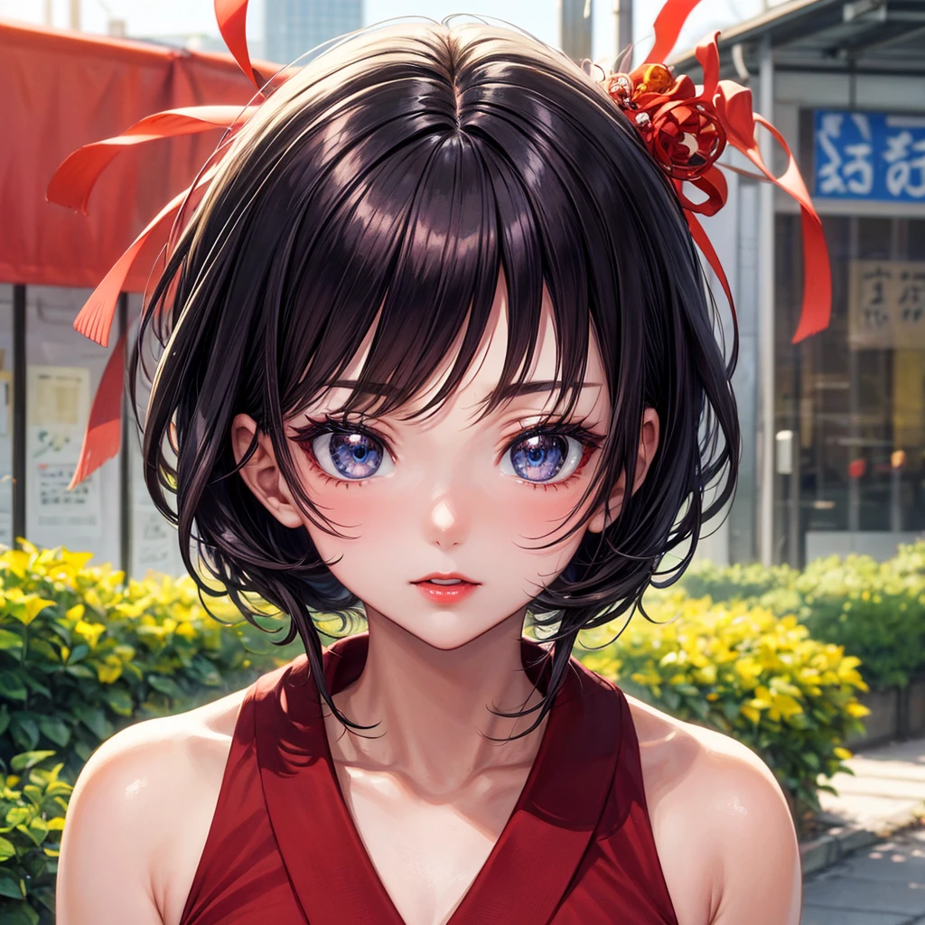 (masterpiece),(best quality:1.0), (Ultra-high resolution:1.0), Detailed description, 8K, Japanese cartoons, 1 Girl, beautiful Japanese cartoons girl, Wearing a red dress, corolla, Pretty Face, Delicate face, beautiful eyes, Delicate eyes, Crimson eyes, Bright red lips, Red lipstick, Beautiful and stylish hair, Hair highlights, bangs Japanese cartoons style, best quality, Energetic