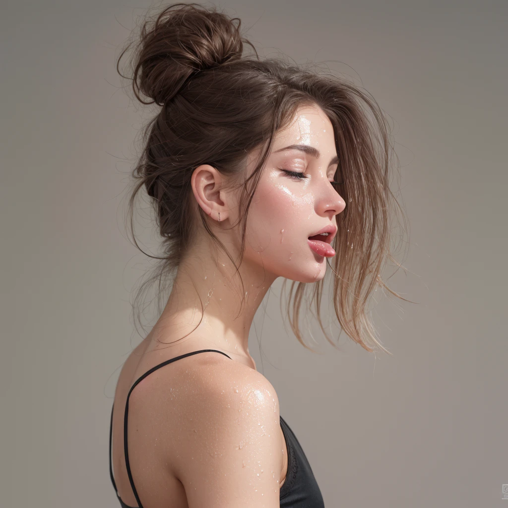 A femboy with delicate features and shoulder-length hair, brown hair, anna nikonova aka newmilky, ekaterina, maia sandu hyperrealistic, profile image, 8k)), small lips pointy nose, aleksandra waliszewska, with professional makeup, cheeky smile with pink lips, angelina stroganova,、High resolution realistic photos,8k,Realistic skin texture,1 girl,Tabletop,,Awards - Winning Photos, Very detailed, Close your eyes, Nose and mouth,Face Focus, Extreme close up of face、Woman with open mouth and closed eyes, Black camisole、2,Black-haired、Symmetrical face,Realistic nostrils、Angle from below、Elongated C-shaped nostrils,((Gray background))、Sweaty skin、Lighting that highlights glowing skin caused by sweat、((Sharp Nose))Skin shiny with sweat、Glowing Skin、Sweaty hair、sunlight、Deep Kiss、((Thin eyebrows))((Oily skin、Glowing Skin))、double eyelid、Wet and shiny tongue、Tied Hair、updo、Lift your head(((Long Tongue, traces of saliva)))((Super wet skin))(((Profile with a wide nasal septum,nasal septum,profile)))