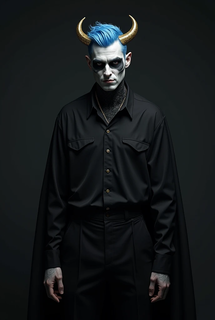 Totally black face , short blue hair, small golden horns, White skin, black shirt, black pants with blue and completely black cape , man, human