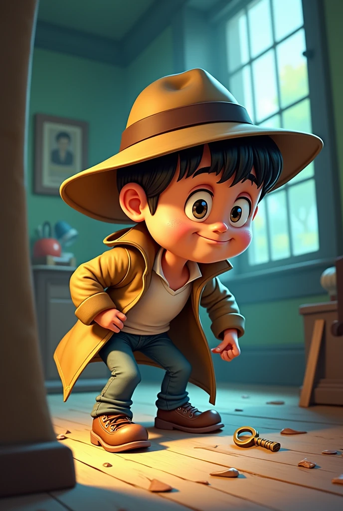 "Cartoon detective named Cristiano with a big head and , resembling a young Cristiano Ronaldo, bending over to inspect a broken picture frame, footprints, and an old key. His head appears almost too big for his body."
Details: The detective should look like he’s having difficulty balancing with his large head.