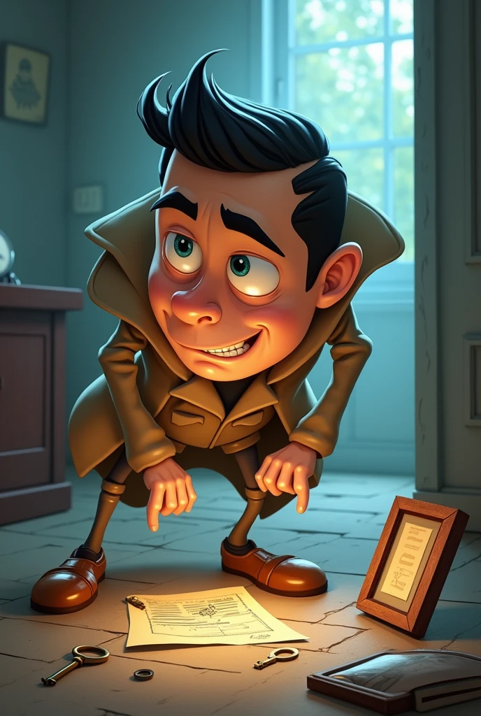 "Cartoon detective named Cristiano with a big head and , resembling a young Cristiano Ronaldo, bending over to inspect a broken picture frame, footprints, and an old key. His head appears almost too big for his body."
Details: The detective should look like he’s having difficulty balancing with his large head.