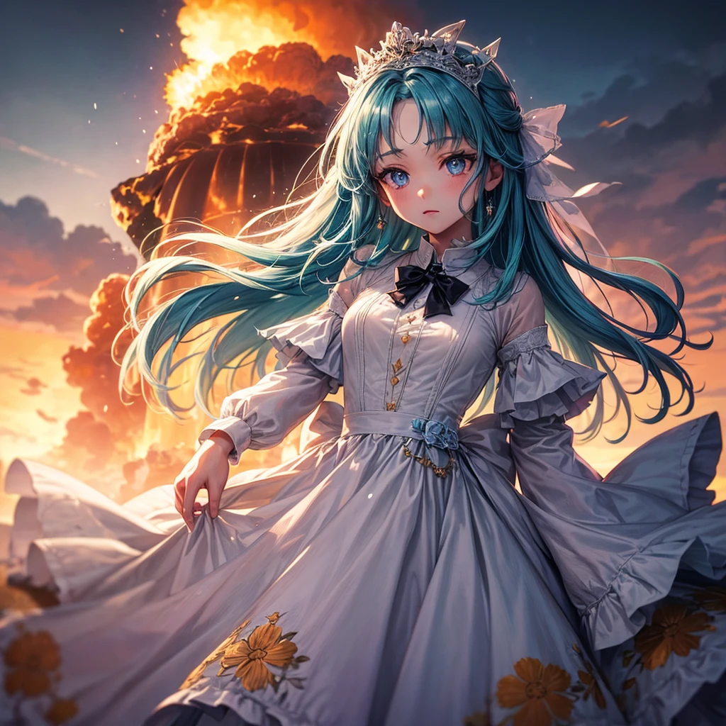 masterpiece, Beautifully, illustration, {Beautiful and delicate girl}, beautiful and detailed aura, (War: 1.2), (Behind the nuclear explosion: 1.3), rain, Detailed lighting, Detail water, (Beautiful and delicate eyes: 1.1), Poker face, palace, Sky blue hair, Messy hair, Long bangs, Eyebrow, (whitegreydress: 1.1), Black Ribbon, White bow tie, upper abdomen, Big forehead, Dull, flower, Long sleeve