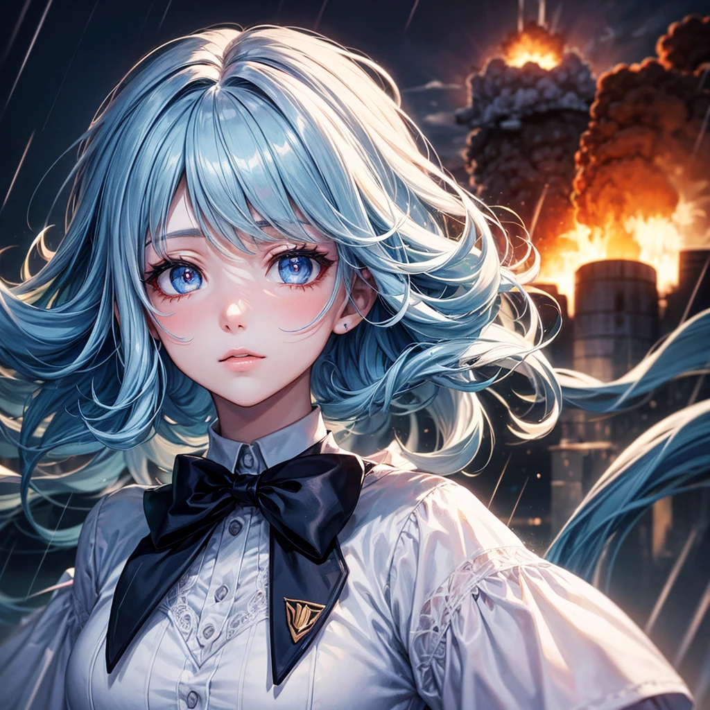 masterpiece, Beautifully, illustration, {Beautiful and delicate girl}, beautiful and detailed aura, (War: 1.2), (Behind the nuclear explosion: 1.3), rain, Detailed lighting, Detail water, (Beautiful and delicate eyes: 1.1), Poker face, palace, Sky blue hair, Messy hair, Long bangs, Eyebrow, (whitegreydress: 1.1), Black Ribbon, White bow tie, upper abdomen, Big forehead, Dull, flower, Long sleeve