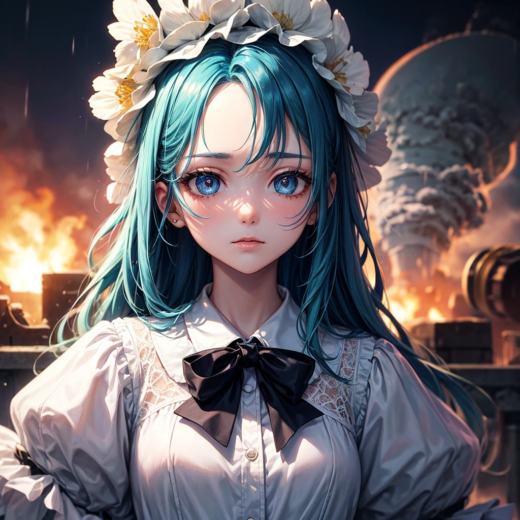 masterpiece, Beautifully, illustration, {Beautiful and delicate girl}, beautiful and detailed aura, (War: 1.2), (Behind the nuclear explosion: 1.3), rain, Detailed lighting, Detail water, (Beautiful and delicate eyes: 1.1), Poker face, palace, Sky blue hair, Messy hair, Long bangs, Eyebrow, (whitegreydress: 1.1), Black Ribbon, White bow tie, upper abdomen, Big forehead, Dull, flower, Long sleeve