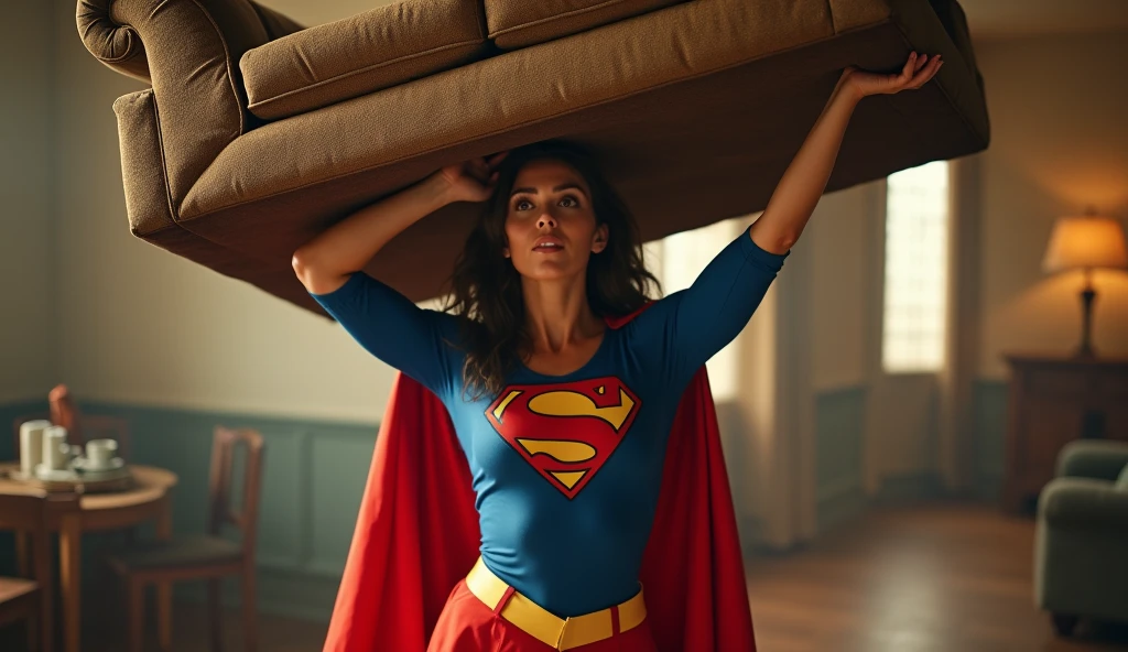 (((very beautiful old Supergirl (((1980s costume))) Julie Hagerty))) Super woman Julie Hagerty; confident, powerful, indestructible, attractive; big and firm chest; strong breasts; arms crossed, levanta facilmente um big Sofa sobre sua cabeça; arms of a strong woman. HD. Photograph, ((realism)), extremely high quality RAW photograph, ultra detailed photograph, sharp focus, high resolution, (detailed skin:1,3),high quality, film grain, Fujifilm XT3,Highly Detailed, movie, (Cinematic Photo:1.3) of (Realistic:1.3)