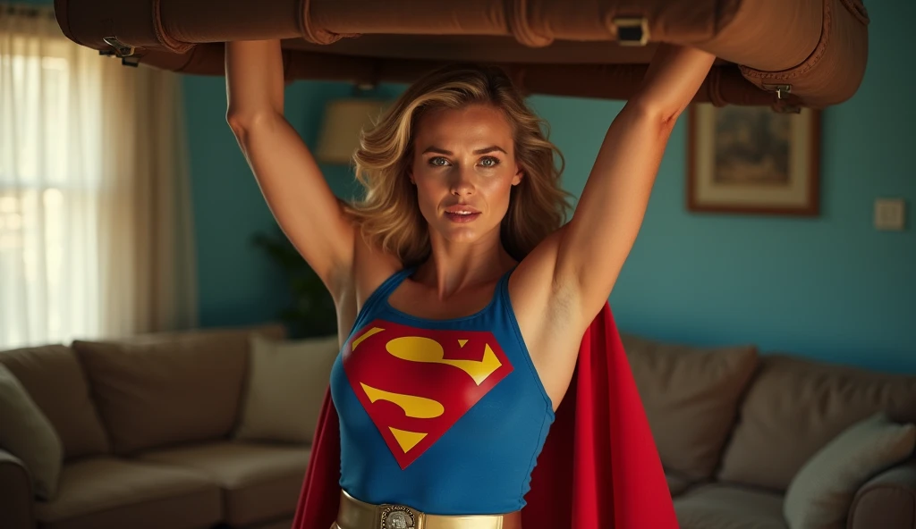 (((very beautiful old Supergirl (((1980s costume))) Julie Hagerty))) Super woman Julie Hagerty; confident, powerful, indestructible, attractive; big and firm chest; strong breasts; arms crossed, levanta facilmente um big Sofa sobre sua cabeça; arms of a strong woman. HD. Photograph, ((realism)), extremely high quality RAW photograph, ultra detailed photograph, sharp focus, high resolution, (detailed skin:1,3),high quality, film grain, Fujifilm XT3,Highly Detailed, movie, (Cinematic Photo:1.3) of (Realistic:1.3)