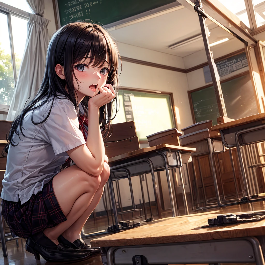 ((masterpiece)),((best quality)),absurd,, 1 Girl, 1 boy, squatting cowgirl position, Throw, Uniforms, Expose, , (classroom:1.1), Sunlight, , (Half closed eyes:0.4), (Open your mouth:1.4), (Red and swollen nose:1.2), A faint smile, (nervous),