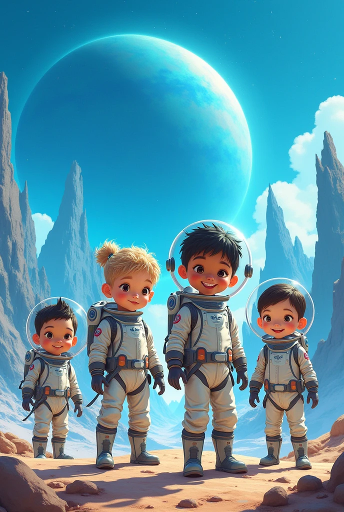 Drawing 5 children with different characteristics and different faces, astronauts on a mission to go to the blue planet.


