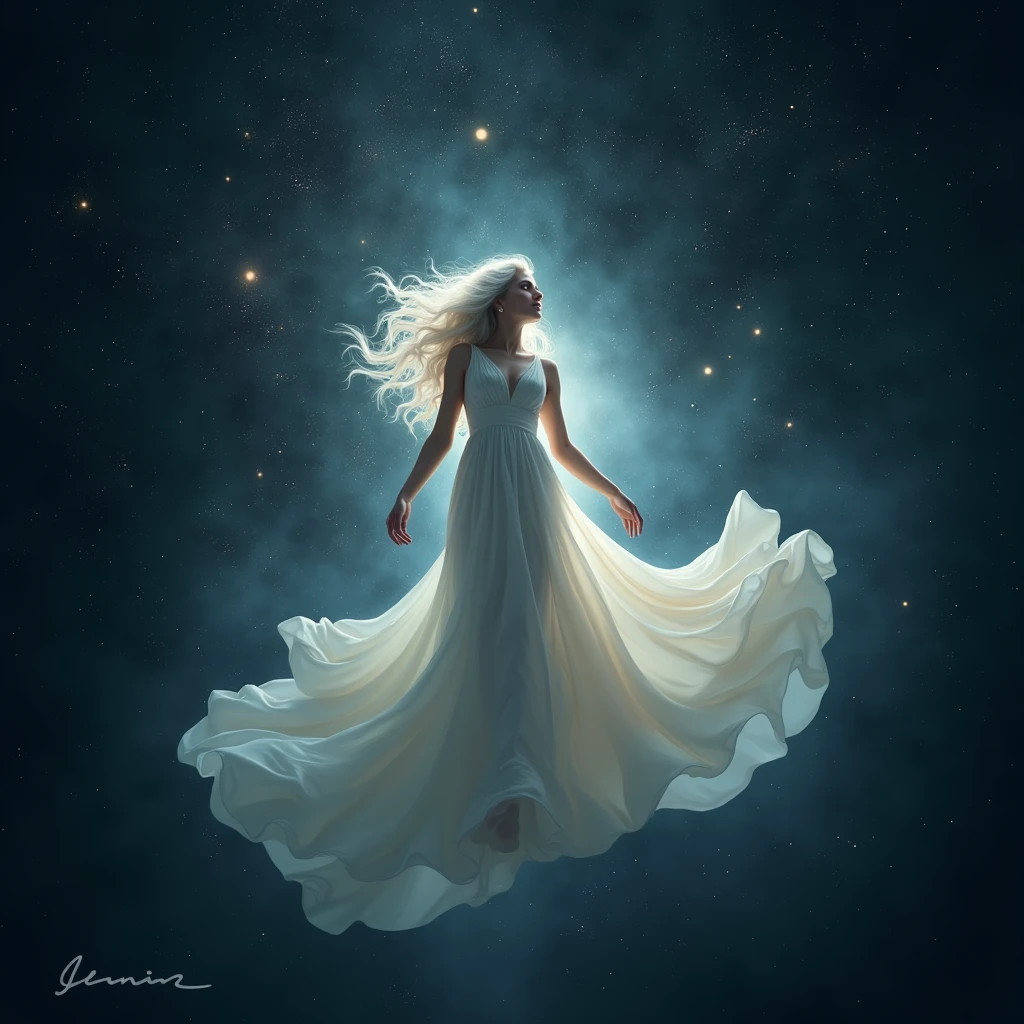 A woman with long white wavy hair,she will be flying in a constellation wearing a very long white dress,I want the image to show from far away and it will be in space