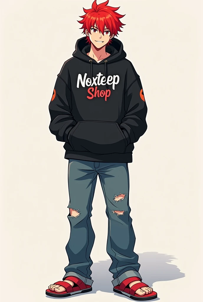 There is a red-haired anime guy. The frame size is 500 x 500 px. He is wearing a black hoodie, jeans, and sandals. The word NOXTEEP SHOP is printed on the shirt.