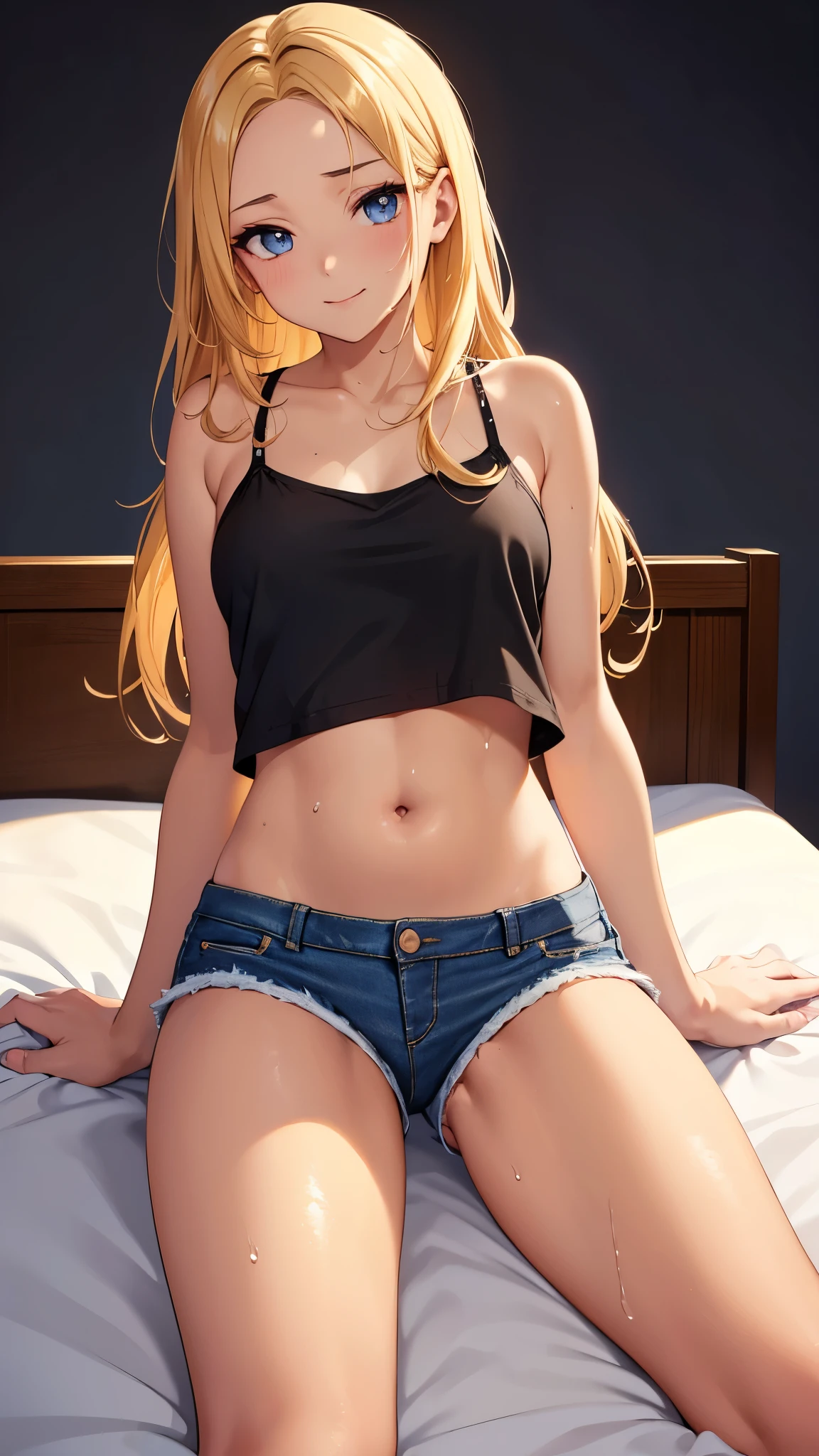 anime girl, sitting bed, smile, ((junior highschool girl)), (((denim short pants))), ((belly-baring outfit)), (((simple black camisole))), (wheat-colored skin), (((tanned skin))), (((Suntanned skin))), (((Forehead))), (blonde hair), (long hair), (blue eyes), (slant eyes) (full makeup), slant eyes, Eyeshadow, Mascara, Eyeliner, False eyelashes, lash extensions, ((bed room)), (night lamp), (((darkened room))),(sweat), (wet skin), ((erotic)), ((sensual)), (simple wall background), (((simple background))), Close-up of a girl, warm color scheme, Extremely exquisite body, beautiful detailed glow, cinematic lighting, 4K illustration, masterpiece, best quality, by top artist, by famous artist, by plo artist, ((Authentic shiny skin texture)), Soaked skin, radiant skin,