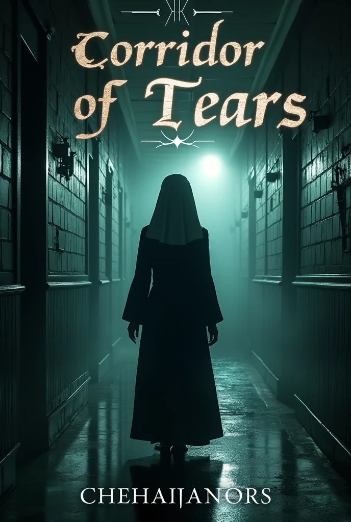 A dark image of a school hallway, with a spectral figure of a nun with her back turned and her head turning towards us in the background. You could add details like long shadows and a hazy atmosphere to heighten the tension.. Title: Corridor of Tears in Gothic letters, as a slogan "The silence of the corridors keeps its dark history." and by author Yaisbel Alexandra Ramos Lecoña. All this as if it were the cover of a book 21 cm. long and 14 cm. wide. Please the best job :)