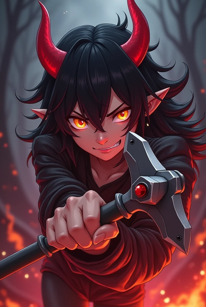 anime style with black hair red horns small fiery eyes and a hammer a combat hammer looking irons forward
