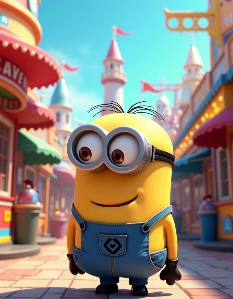 Minion Kevin enters the amusement park, bright eyes, nhìn ngắm các trò chơi và gian hàng đầy màu sắc. rear view