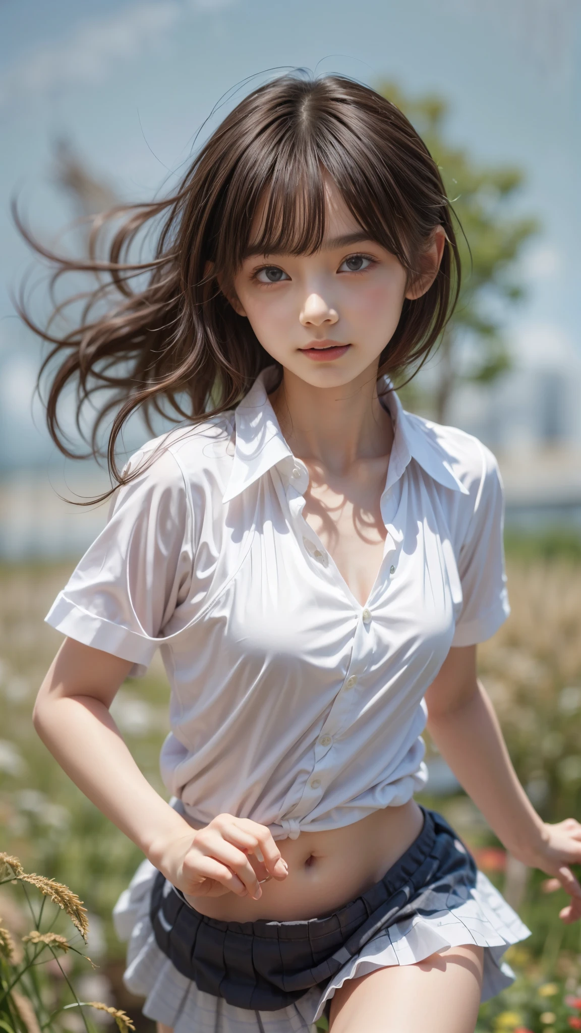 masterpiece , Highest quality , Very detailed , 1 person, ((Contrasting Eyes)) , running , blouse, skirt , bangs , field