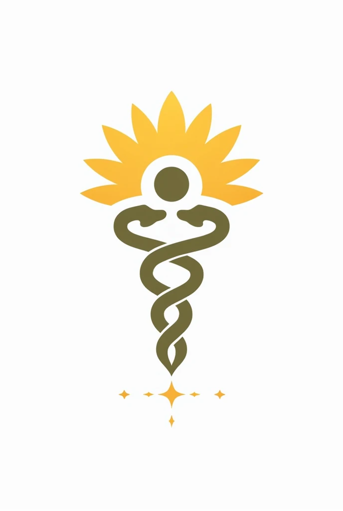A logo with abstract shapes, for a medical clinic, mixing the symbol of Hermes&#39; caduceus with sunflower, and the stars along the caduceus in the vertical of the southern cross constellation. vector style, solid colors. The logo must be in 4X4 format. Ratio 4:4. white background. Background transparent.