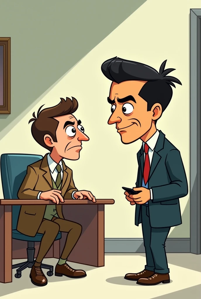 "Cartoon detective named Cristiano with a big head and , resembling a young Cristiano Ronaldo, interrogating a nervous servant. The scene is humorous with Cristiano's exaggerated facial expressions and ."
Details: Cristiano should appear comically serious but non-threatening.