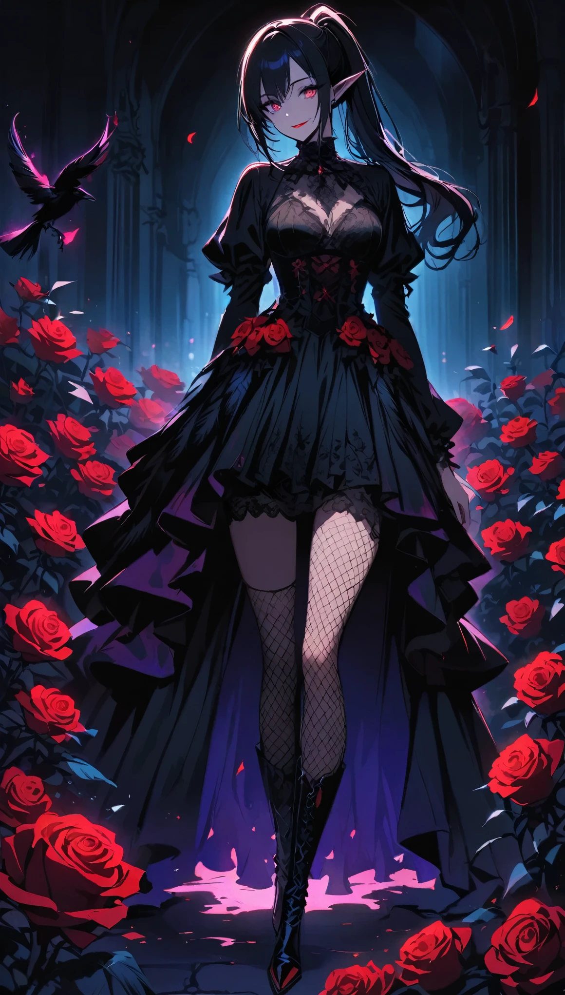(Dark atmosphere,Goethe Fashion,Vibrant colors),(best quality,Ultra-delicate,),Sexy gothic elf girl,Rose Garden at Night,Beautiful and delicate eyes,Blue pointed black straight ponytail,Crow feathers,Red lipstick,Mysterious smile,Pale complexion,Fishnet stockings,Black lace dress,Pointy boots,The moonlight illuminates her graceful figure,Soft shadows and soft highlights,Contrasting colors create a vibrant atmosphere,Dark and moody palette,Subtle yet dramatic lighting effects,Sublime darkness intertwined with delicate moonlight
