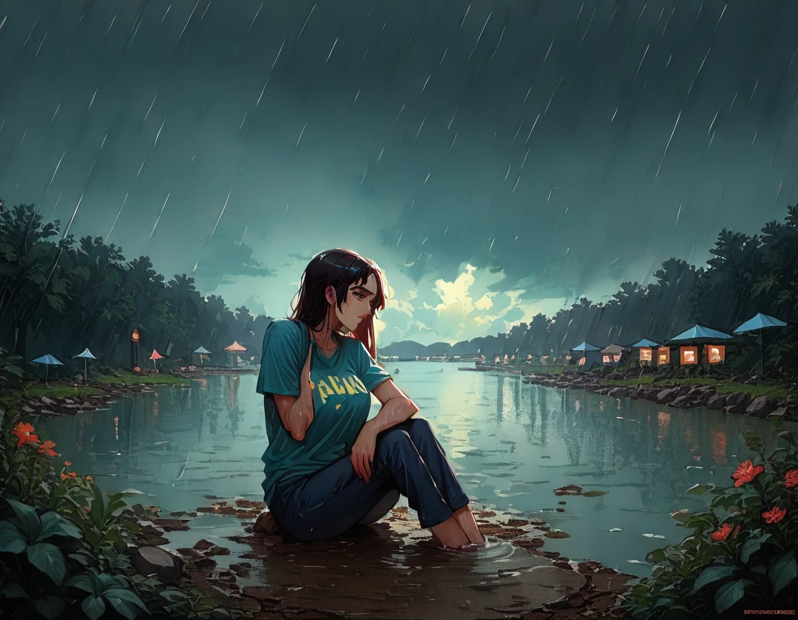 (1 girl) (masterpiece, best quality) (woman in a colorful graphic designer t shirt) (sitting on a lake beach), , , , (stormy dark sky, raining) , extreme detail
((Melancholy emotions:1.4)), , large dark eyebrows wide chin
(Huge Breasts covering entire torso) ((full body picture)) ((safe for work:1.3) ((huge breasts covered by shirt)), art by norman Rockwell, white bra visible through clothes,