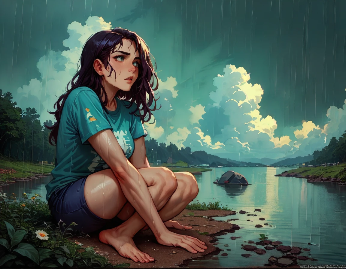 (1 girl) (masterpiece, best quality) (woman in a colorful graphic designer t shirt) (sitting on a lake beach), , ,  , (stormy dark sky, raining) , extreme detail
((Melancholy emotions:1.4)), , large dark eyebrows wide chin
(Huge Breasts covering entire torso) ((full body picture)) ((safe for work:1.3) ((huge breasts covered by shirt)),  art by norman Rockwell,  white bra visible through clothes,