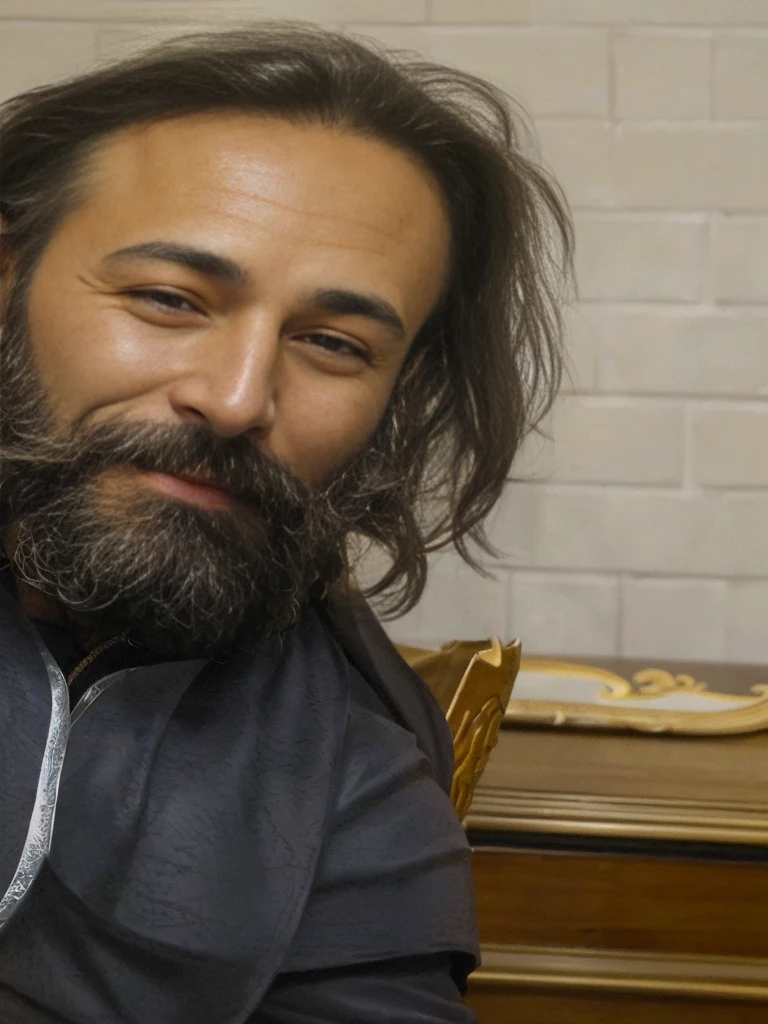 man (semi-cana beard 1.5) (long dark brown hair 1.2) smiling (sexy smile1.0) Looking forward (honey colored eyes 1.2) few wrinkles 0.5 extremely detailed face 1.5 artwork 1.5 hyper realistic (He wears silver armor with a magic tree drawn on his chest 1.3) with green cape, half body