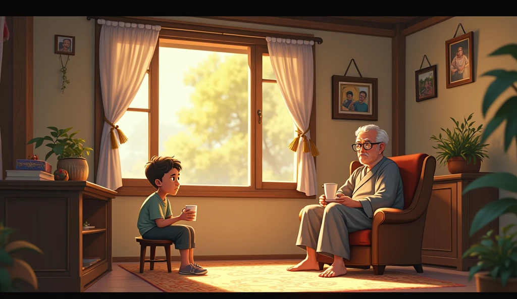 Rumah Grandpa - Siang
Ali:
- Appearance and Clothing: Just like in the village scene, he sat relaxed but with a serious expression. Maybe holding a cup of tea or coffee, and he doesn't wear a jacket or other weather protection indoors in the warm weather..
Grandpa:
- Appearance and Clothing: Same as before. He sat on an old chair with a posture that looked wise and modest..
