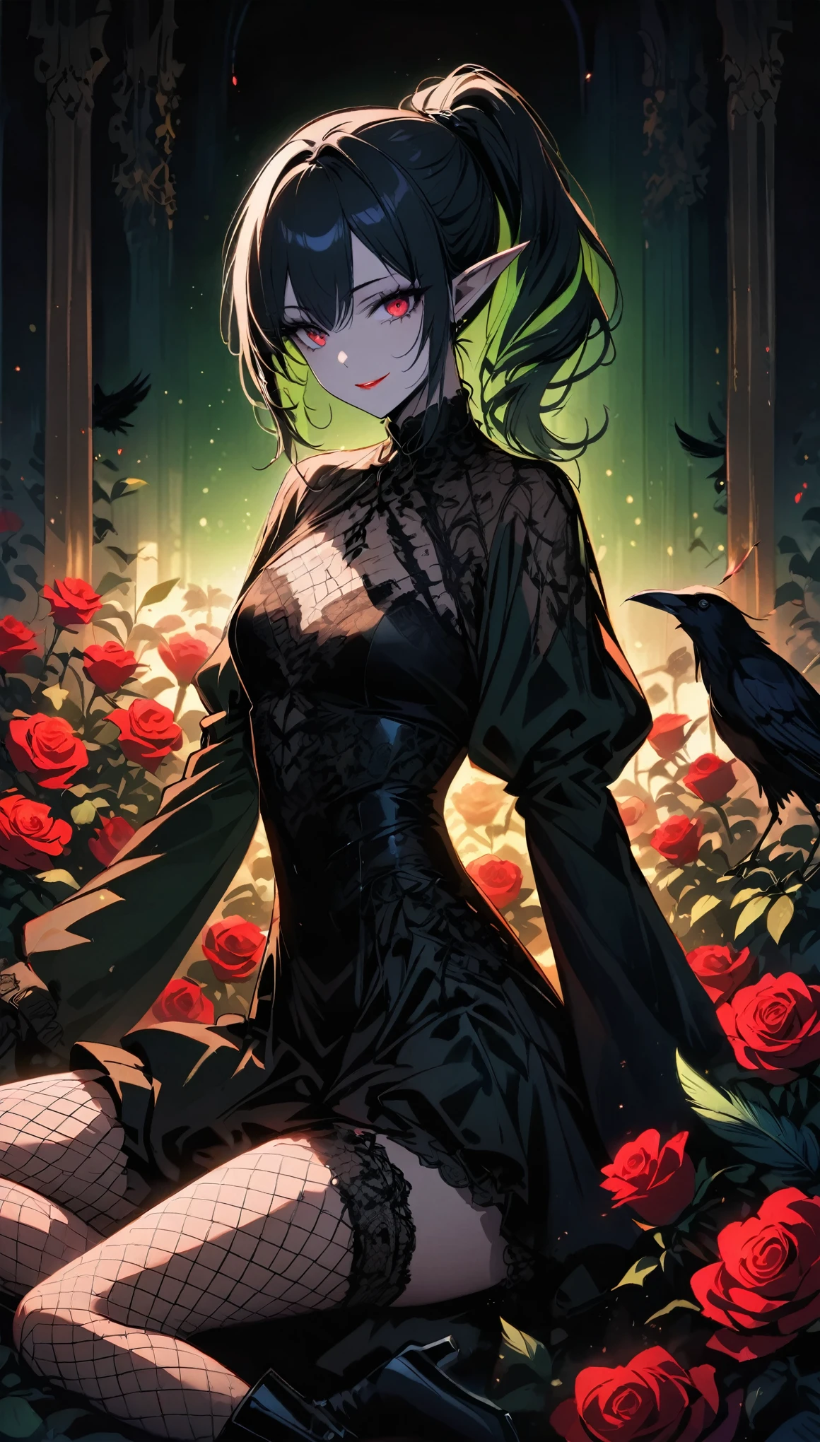 （Dark atmosphere，Goethe Fashion，Vibrant colors），（best quality，Ultra-delicate，），Sexy gothic elf girl，Rose Garden at Night，Beautiful and delicate eyes，Blue pointed black straight ponytail，Crow feathers，Red lipstick，Mysterious smile，Pale complexion，Fishnet stockings，Black lace dress，Pointy boots，The moonlight illuminates her graceful figure，Soft shadows and soft highlights，Contrasting colors create a vibrant atmosphere，Dark and moody palette，Subtle yet dramatic lighting effects，Sublime darkness intertwined with delicate moonlight