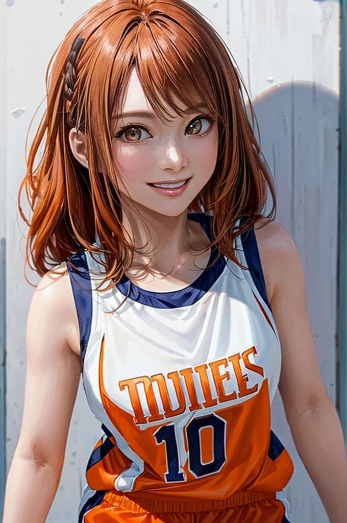 (((Pure white wall background、Highest quality、8k、32K、masterpiece)))、(Realistic)、(Realistic:1.2)、(High resolution)、Very detailed、Very beautiful face and eyes、1 person、Round and small face、Tight waist、Delicate body、(close、Highest quality、Attention to detail、Rich skin detail)、(Highest quality、8k、Oil paints:1.2)、Very detailed、(Realistic、Realistic:1.37)、Bright colors、(((Orange Hair)))、(((Vermilion hair)))、(((Cowboy Shot)))、(((Long Hair)))、(((The ends of the hair are tied)))、(((Pure white wall background)))、(((Wearing a basketball uniform)))、(((Orange and white basketball outfit)))、(((smile)))、(((1 female)))、(((Tank top style uniform)))、I'm delighted、