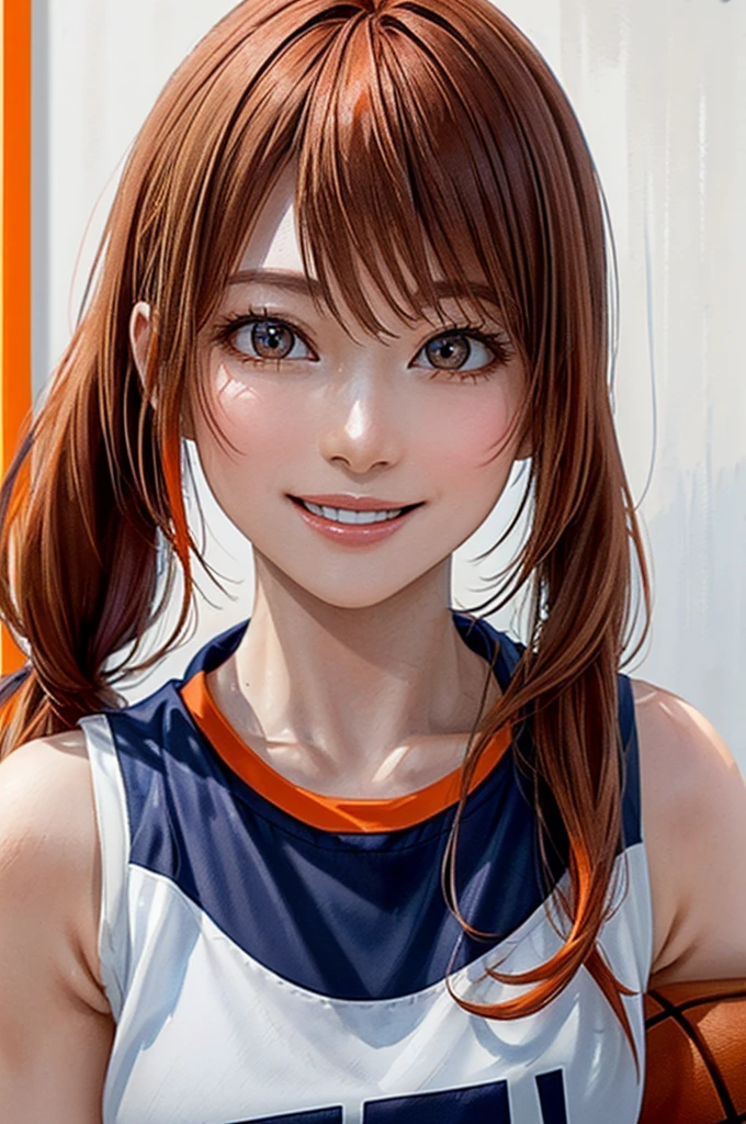(((Pure white wall background、Highest quality、8k、32K、masterpiece)))、(Realistic)、(Realistic:1.2)、(High resolution)、Very detailed、Very beautiful face and eyes、1 person、Round and small face、Tight waist、Delicate body、(close、Highest quality、Attention to detail、Rich skin detail)、(Highest quality、8k、Oil paints:1.2)、Very detailed、(Realistic、Realistic:1.37)、Bright colors、(((Orange Hair)))、(((Vermilion hair)))、(((Cowboy Shot)))、(((Long Hair)))、(((The ends of the hair are tied)))、(((Pure white wall background)))、(((Wearing a basketball uniform)))、(((Orange and white basketball outfit)))、(((smile)))、(((1 female)))、(((Tank top style uniform)))、I'm delighted、