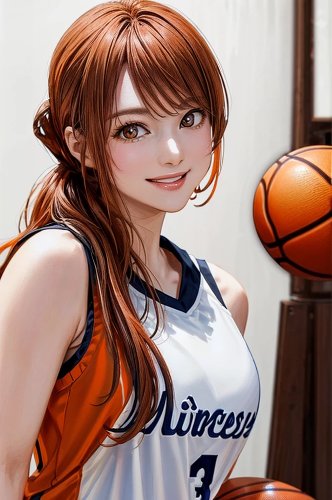 (((Pure white wall background、Highest quality、8k、32K、masterpiece)))、(Realistic)、(Realistic:1.2)、(High resolution)、Very detailed、Very beautiful face and eyes、1 person、Round and small face、Tight waist、Delicate body、(close、Highest quality、Attention to detail、Rich skin detail)、(Highest quality、8k、Oil paints:1.2)、Very detailed、(Realistic、Realistic:1.37)、Bright colors、(((Orange Hair)))、(((Vermilion hair)))、(((Cowboy Shot)))、(((Long Hair)))、(((The ends of the hair are tied)))、(((Pure white wall background)))、(((Wearing a basketball uniform)))、(((Orange and white basketball outfit)))、(((smile)))、(((1 female)))、(((Tank top style uniform)))、I'm delighted、