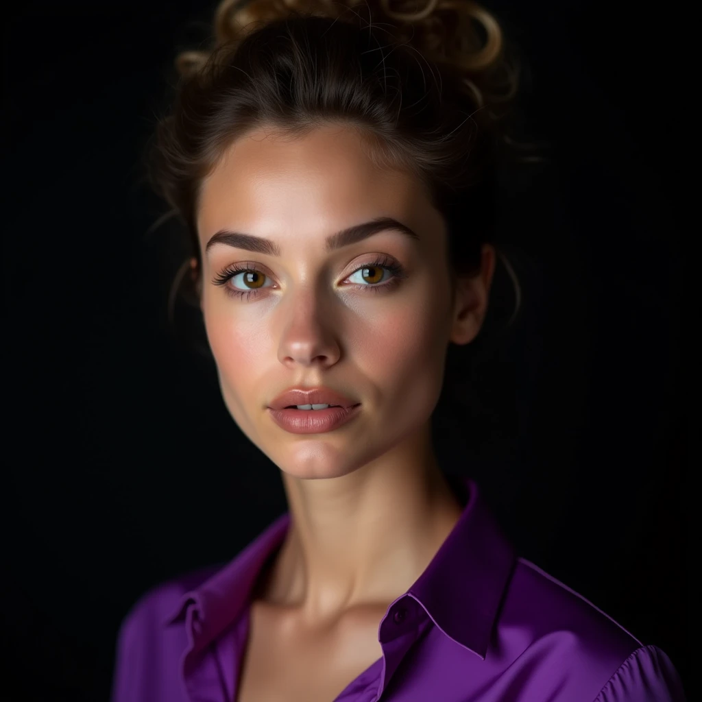 close-up of a woman, European appearance,curly hair pulled back on top, portrait shot, studio lighting, studio shooting of an advertising plan, девушка looks straight на зрителя, She is wearing a purple shirt, Black background, backlighting from both sides outlines the contours of the face , realistic skin texture, looks straight
