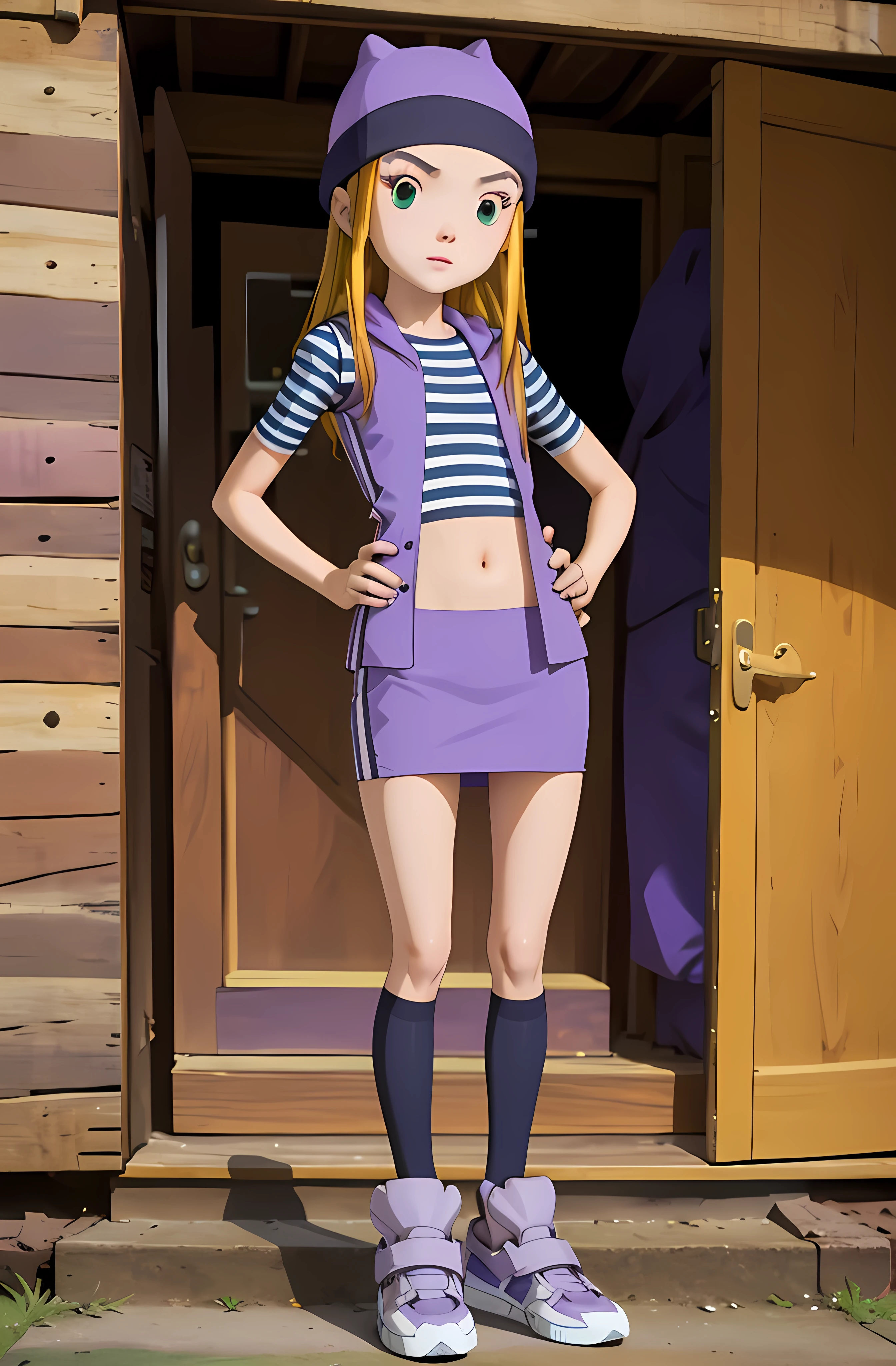 (masterpiece, best quality), 1girl, izumi Orimoto, perfect pretty face, green eyes, blonde hair, long hair, purple beanie, purple vest, purple miniskirt, blue white striped shirt, long purple socks, sneakers, purple vest, striped shirt, navel shirt, small breast