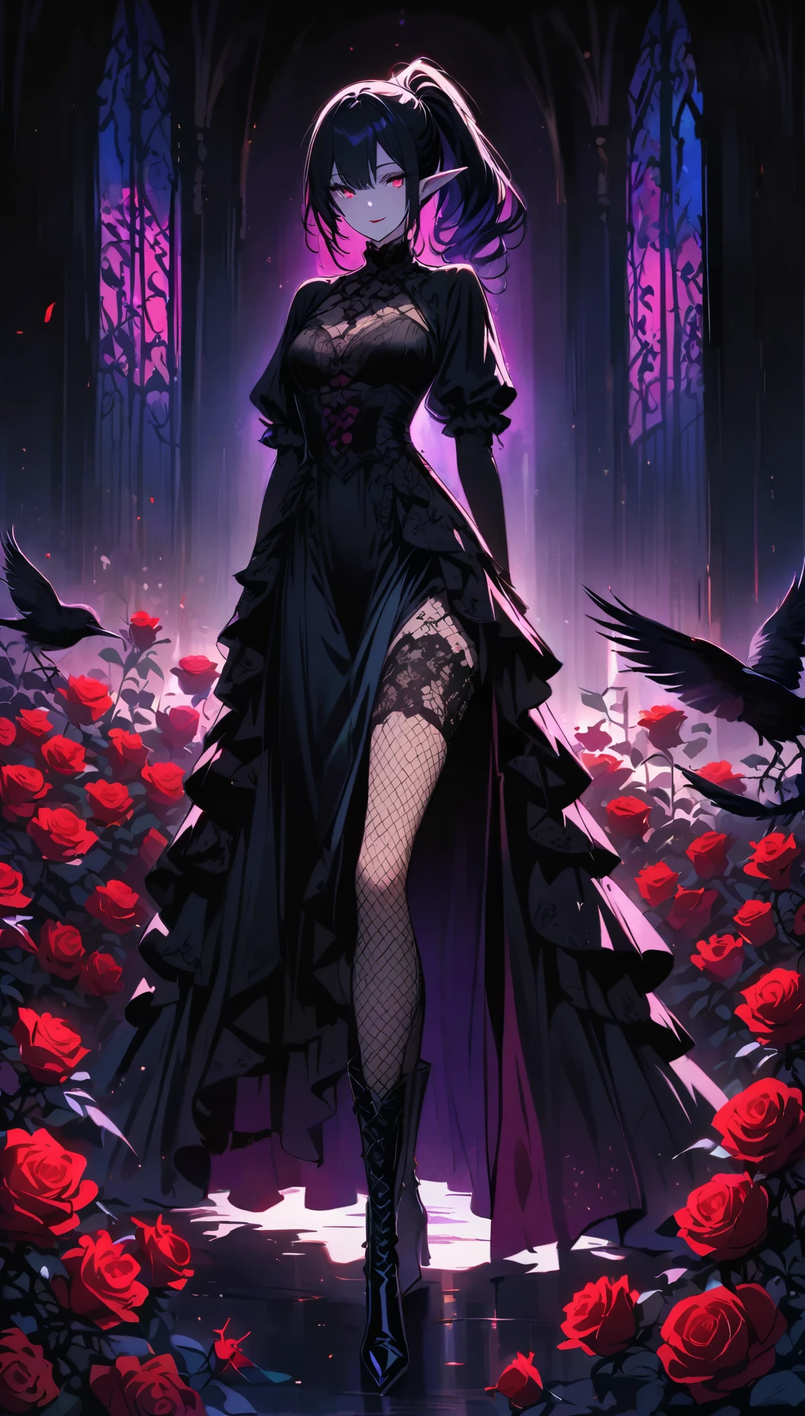 (Dark atmosphere,Goethe Fashion,Vibrant colors),(best quality,Ultra-delicate,),Sexy gothic elf girl,Rose Garden at Night,Beautiful and delicate eyes,Blue pointed black straight ponytail,Crow feathers,Red lipstick,Mysterious smile,Pale complexion,Fishnet stockings,Black lace dress,Pointy boots,The moonlight illuminates her graceful figure,Soft shadows and soft highlights,Contrasting colors create a vibrant atmosphere,Dark and moody palette,Subtle yet dramatic lighting effects,Sublime darkness intertwined with delicate moonlight