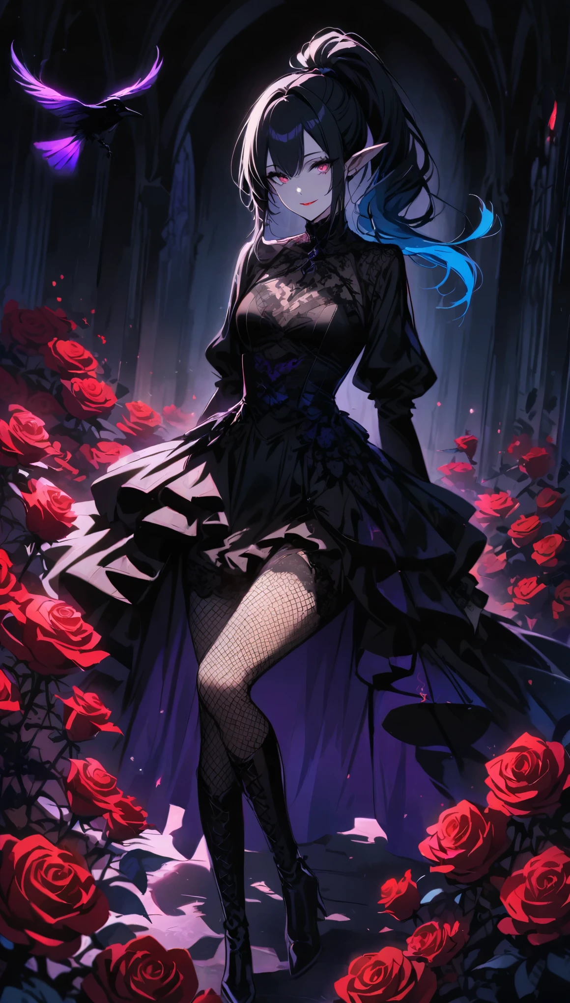 (dark atmosphere,Goethe fashion,bright colors),(best quality,Super exquisite,),Sexy goth elf girl,rose garden at night,beautiful and delicate eyes,Blue tip black straight ponytail,Crow feathers,red lipstick,mysterious smile,Pale complexion,fishnet stockings,black lace dress,Pointed-toe boots,The moonlight reflects her elegant silhouette,Soft shadows and soft highlights,Contrasting colors create a vibrant atmosphere,Dark and moody color palette,Subtle yet dramatic lighting effects,Sublime darkness intertwined with exquisite moonlight