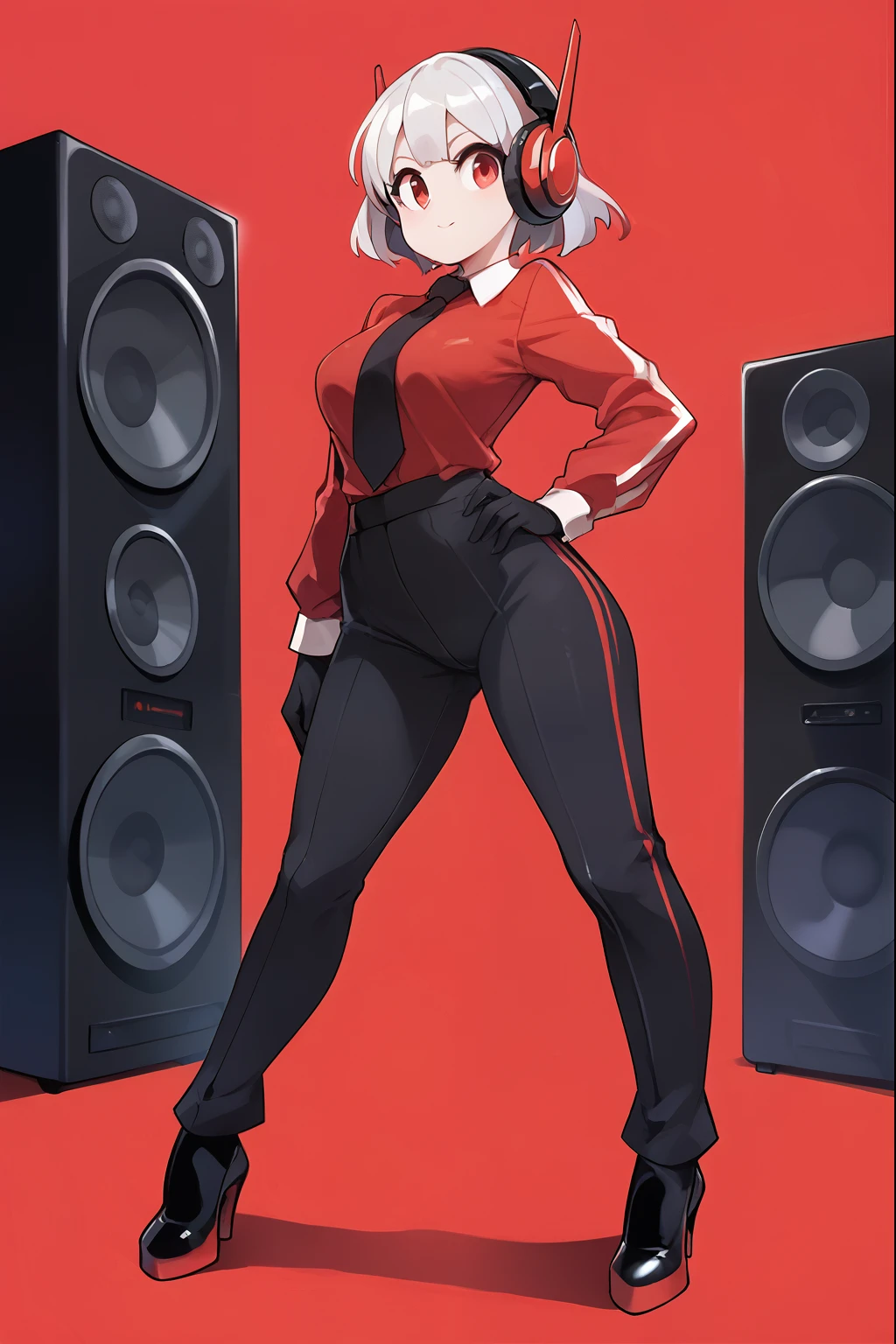 score_9, score_8_up, score_7_up, score_6_up, score_5_up, score_4_up, (1girl), (masterpiece, best quality, ultra-detailed), Speaker Woman, humanoid female with a large red speaker for a head, sleek black pinstripe suit, fitted jacket with a tie, long sleeves, form-fitting pants, confident and assertive pose, black gloves, glowing red, vibrant red background, simple lighting, dynamic composition, smooth shading, clean lines, clear focus, full-body view, robot_head_speaker, real human body, robot_head_speaker_woman, Black full body suit elegant with stripes with, Red shirt underneath, robot_head_speaker, red shirt, big headphones, Nyantcha style, GLaDOSSDXL, Glados, mechanical parts, humanoid robot, Short hair,