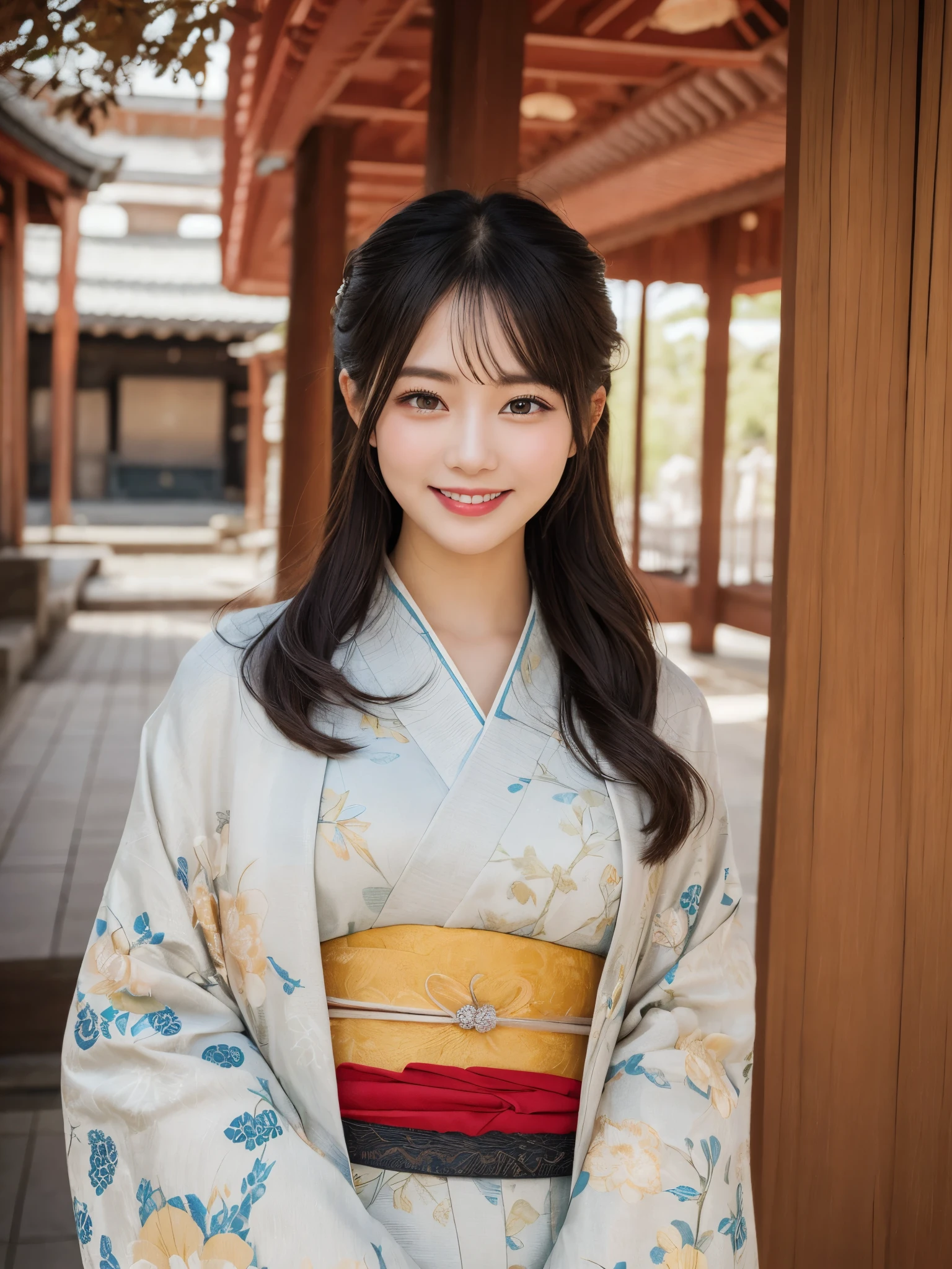 1girl, solo, highres, best_quality, masterpiece, detailed_background, intricate_details, beautiful, nara, yakushi_ji, pagoda, temple, historical, traditional_clothes, kimono, smile, looking_at_viewer, dynamic_pose, natural_pose, candid, happy