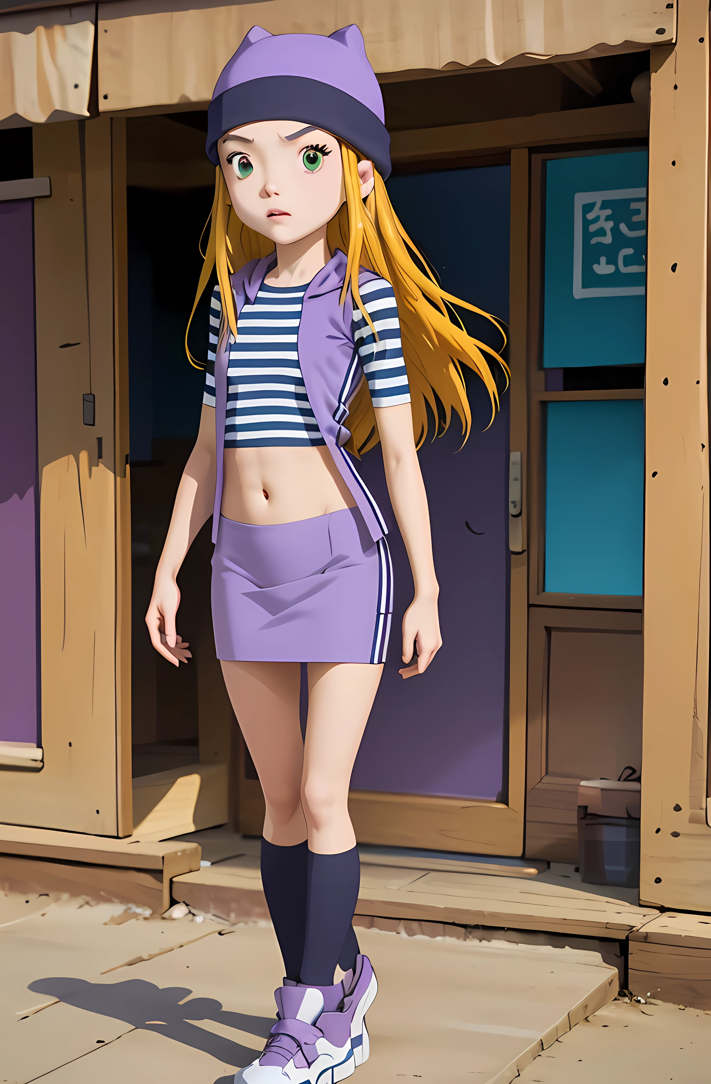 (masterpiece, best quality), 1girl, izumi Orimoto, perfect pretty face, green eyes, blonde hair, long hair, purple beanie, purple vest, purple miniskirt, blue white striped shirt, long purple socks, sneakers, purple vest, striped shirt, navel shirt, small breast