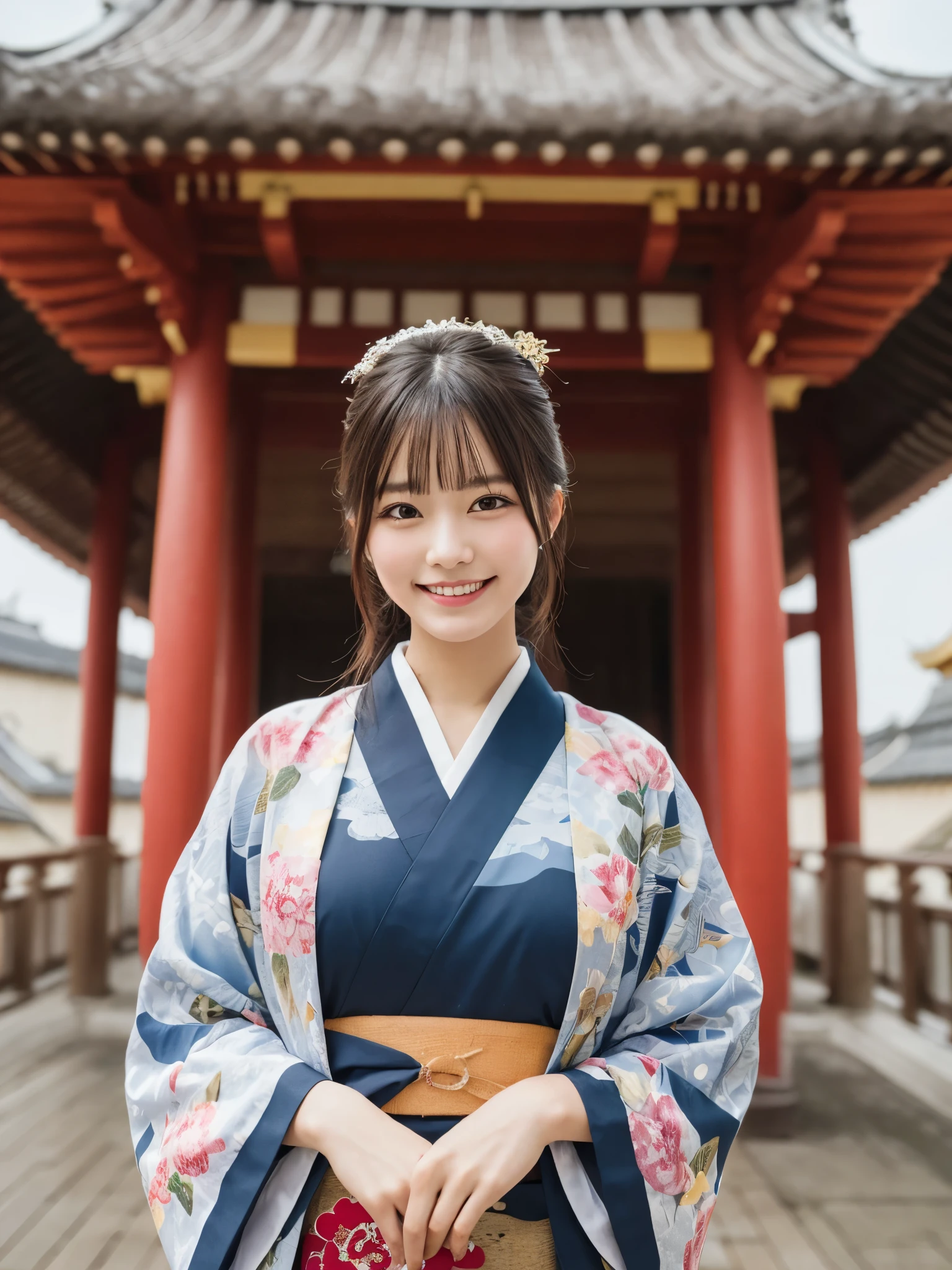 1girl, solo, highres, best_quality, masterpiece, detailed_background, intricate_details, beautiful, nara, yakushi_ji, pagoda, temple, historical, traditional_clothes, kimono, smile, looking_at_viewer, dynamic_pose, natural_pose, candid, happy