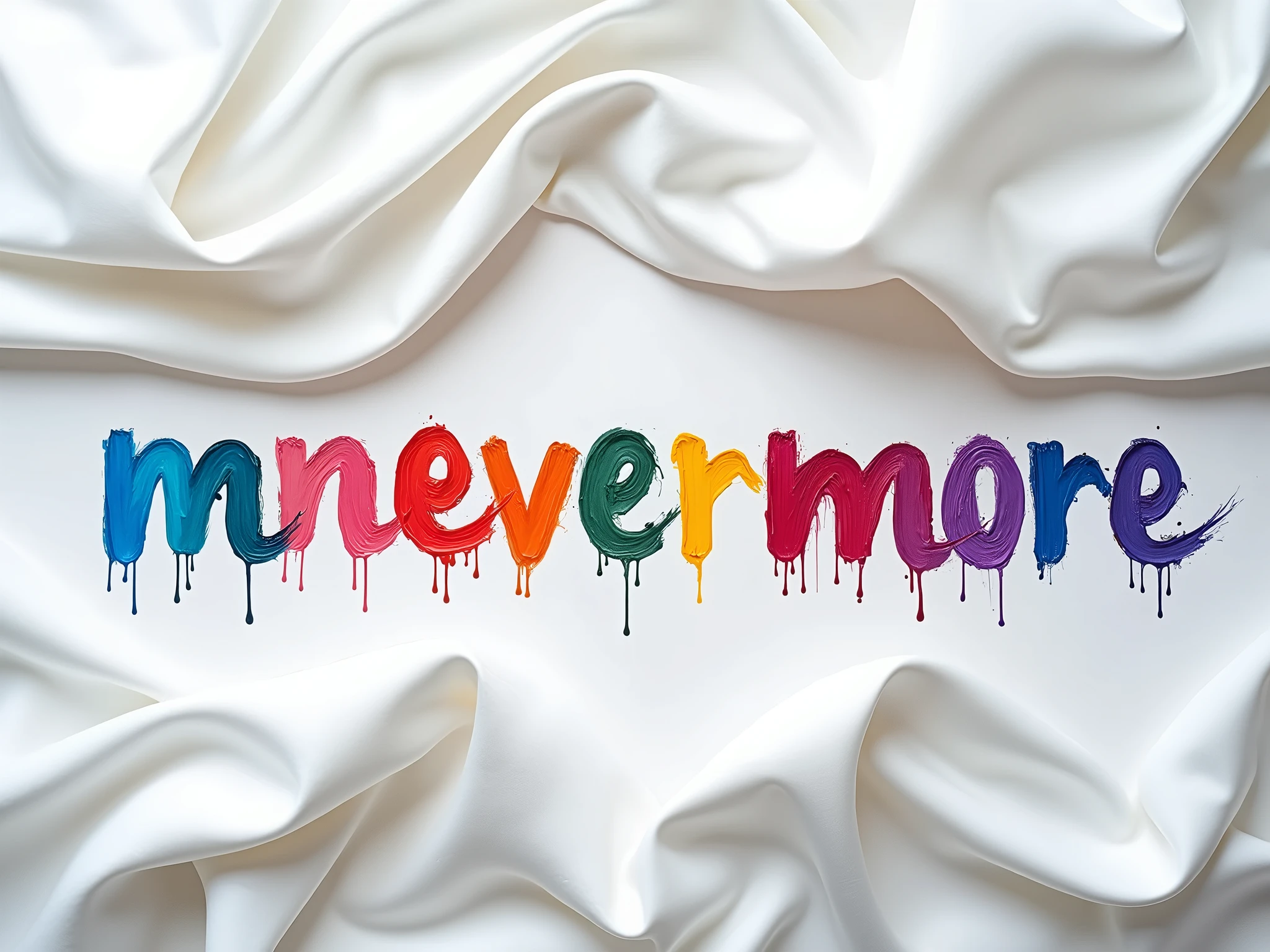 a white Satin, with the word "MneverMore" made with drops of colored oil paints, realistic photography,
