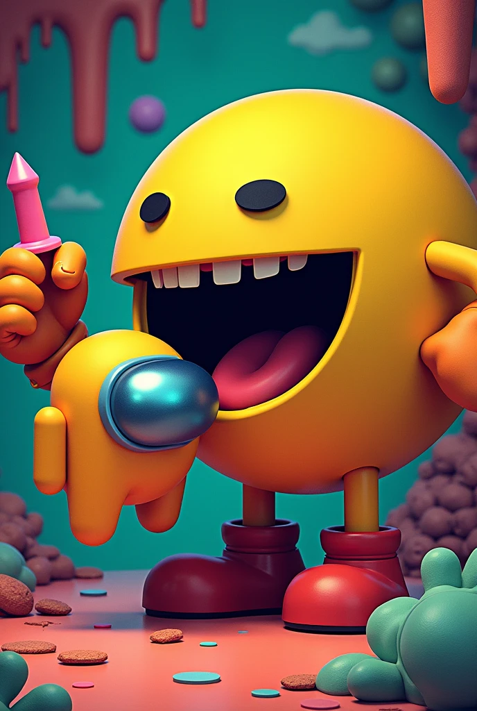 Make Pacman eating an among us with a dildo in his hand