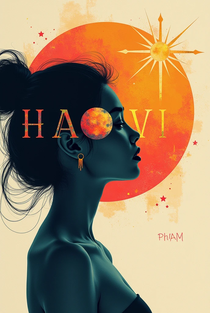 centralized writing HA VI with a capital letter and PHAM with a lowercase letter, written with planet being the name highlighted
with planet elements, the shadow of a woman making a headline, a radiant star, a simple contemporary art background