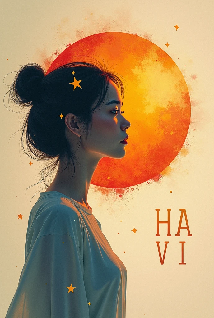 centralized writing HA VI with a capital letter and PHAM with a lowercase letter, written with planet being the name highlighted
with planet elements, the shadow of a woman making a headline, a radiant star, a simple contemporary art background